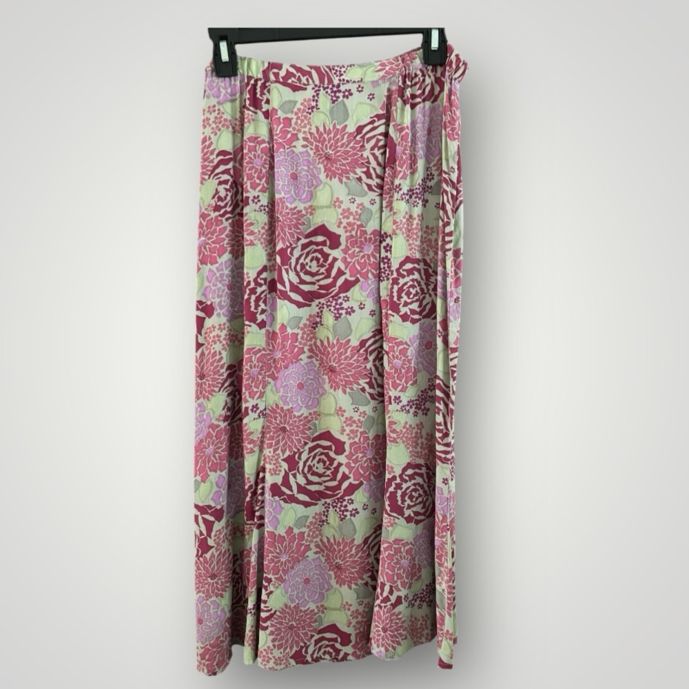Nomadic Traders Pink Green Floral Feminine Midi Skirt Size L